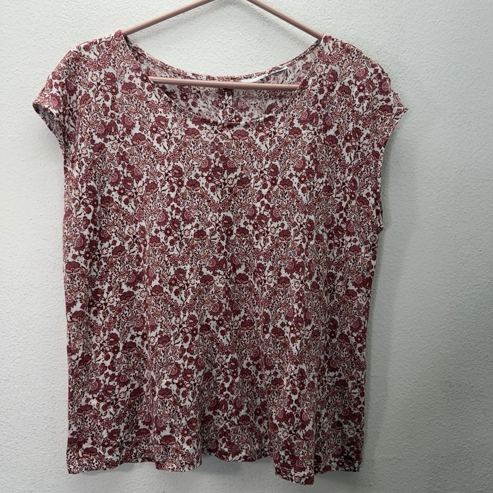 Rachel Zoe 100% Linen Cap Sleeve Red White Floral Top Minimalist Cottagecore M